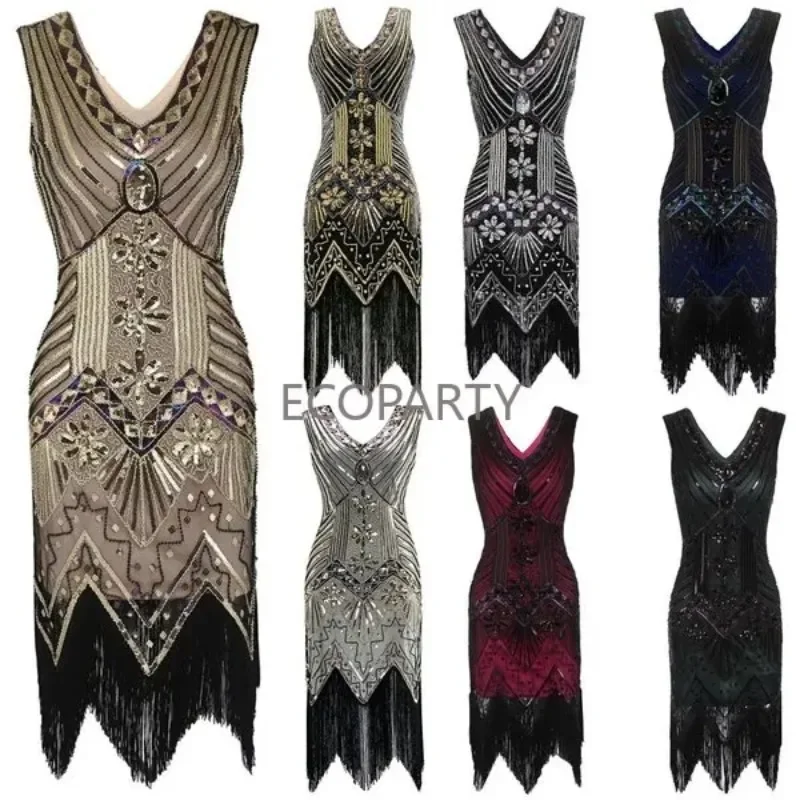 Vintage 1920s Flapper V-neck Double Tassel Dress Great Gatsby Cosplay Costume Cocktail Party Charleston Dance Sequin Stud Dress