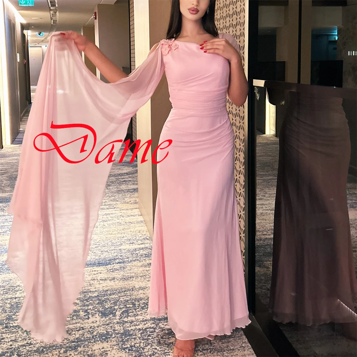 Customized Modern light pink Chiffon Evening Dress Simple Sweetheart Cap Sleeve Prom Dress Ribbon Party Dress Zipper Back