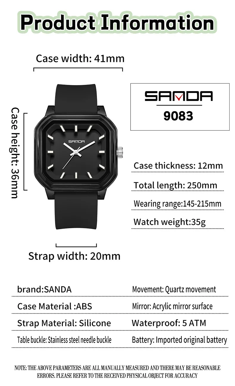 SANDA 9083 ساعة أطفال مربعة عصرية للجنسين 5ATM مقاومة للماء بحزام سيليكون ناعم خفيف الوزن 35 جرام ساعة كوارتز عادية بسيطة #3