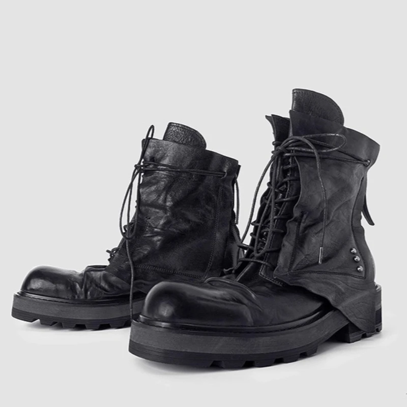 

Japanese Original Design Thick-soled Boots Shoes for Men's and Women's Genuine Leather Hand-sewn Casual High-top Tooling Boots