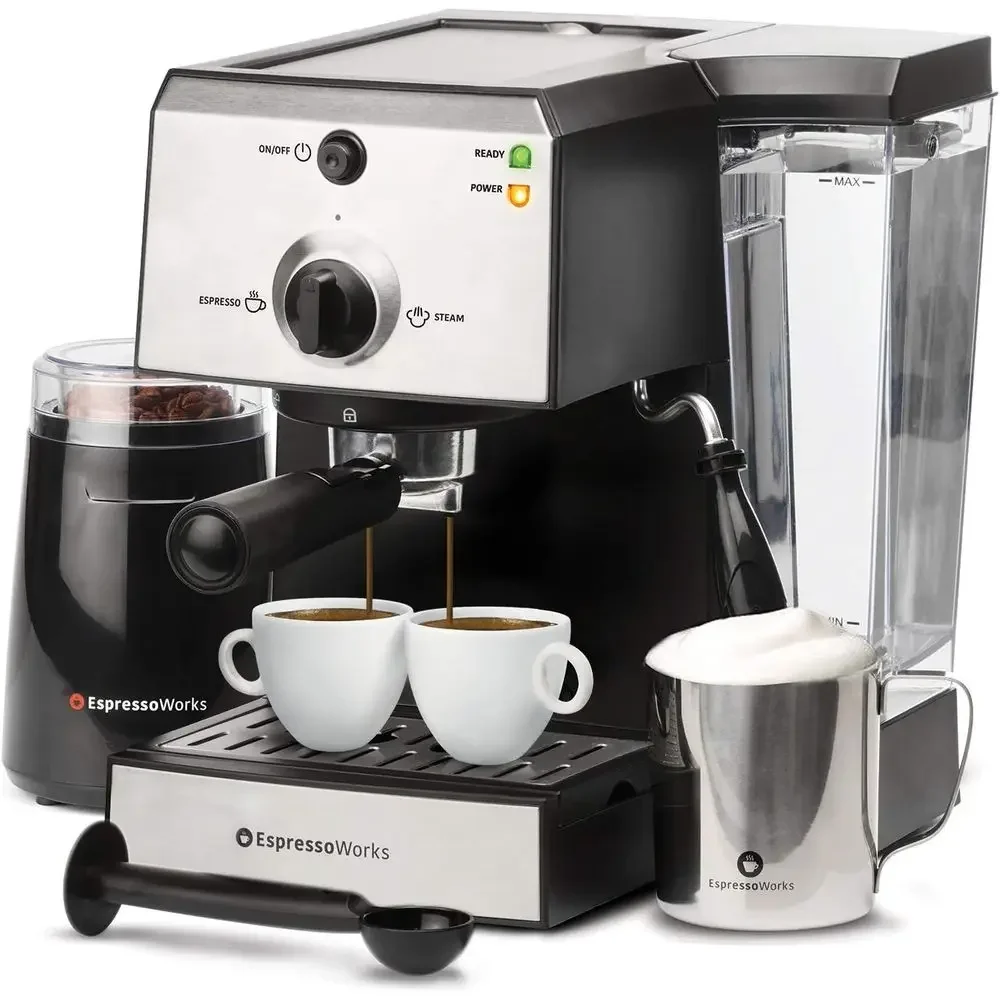 7-Piece Espresso Machine with Built-In Steamer, Coffee Bean Grinder, Milk Frothing Accessories, and 2 Cups - Stainless Steel (Re
