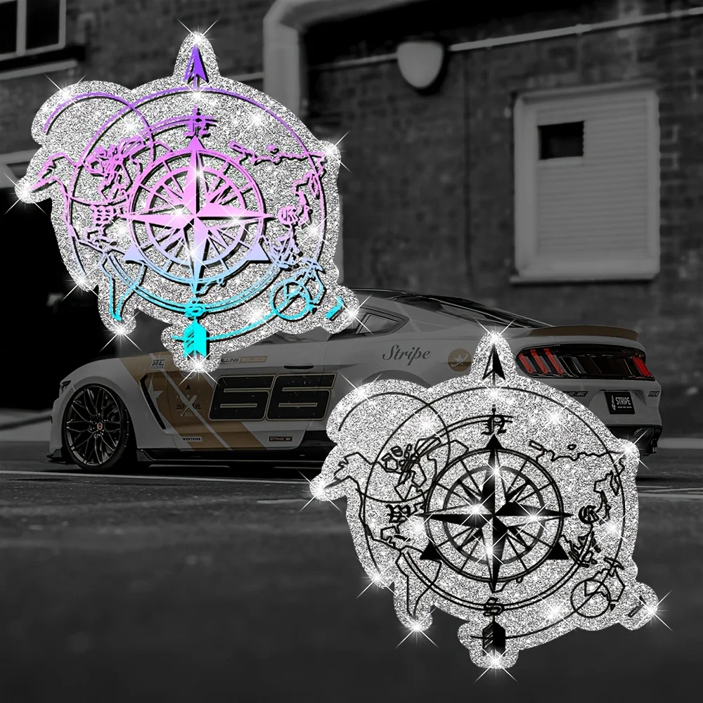1pc Glitter Compass World Map Vinyl Stickers Sparkling Decals For Car Truck Motorcycle Guitar Skateboard Camper Trailer