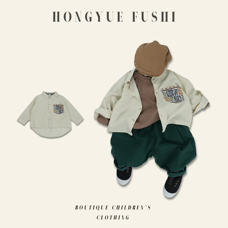 

Бежевая куртка-рубашка, кардиган с длинными рукавами, топ для мальчиков и девочек, детская весенне-осенняя корейская свободная повседневная новая универсальная одежда