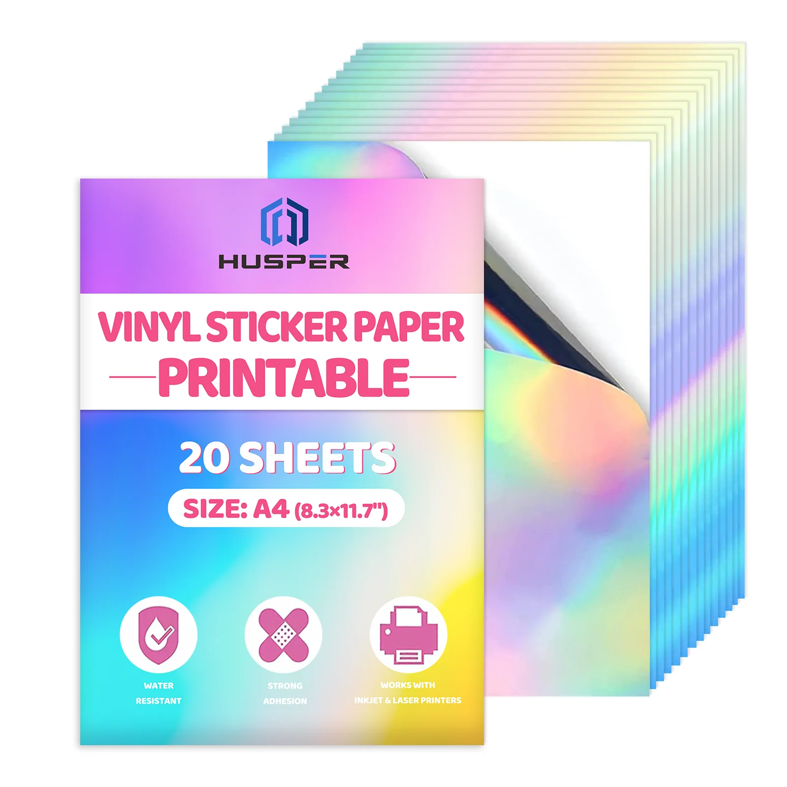 20 Sheets A4 (8.3×11.7 Inches) Rainbow Holographic Vinyl Sticker Paper, Holographic Water-Resistant Stickers, Inkjet Printing