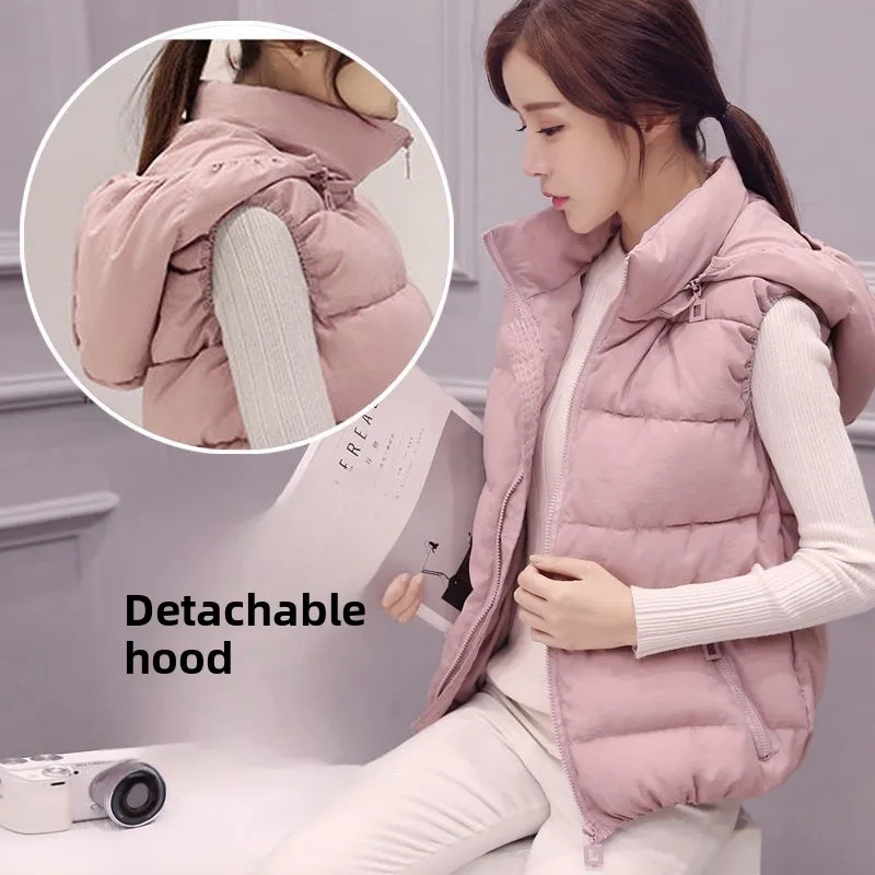 

Autumn Winter Women's ort Sle Padded Vest Versatile Outerwear Detachable Cap Polyester Fiber Zipper ket Pure Color