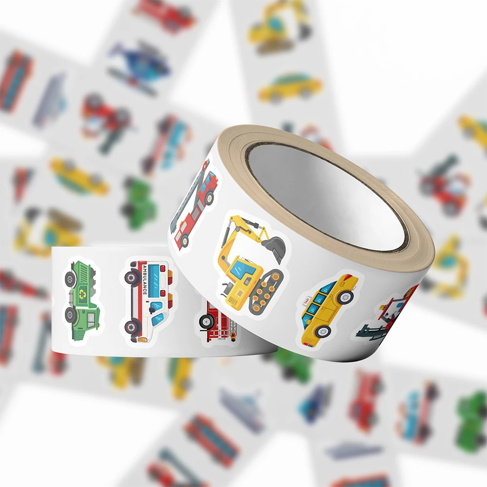 500pcs/Roll Cute Truck Construction Vehicle Cartoon Seal Stickers Teacher Reward Student Sticker Gifts Laptop Decoration Decals