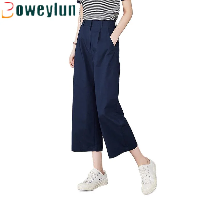 Boweylun Summer Sickle Pants Casual Loose Wide Leg Pants Women's High Waist White Nine Minute Pants