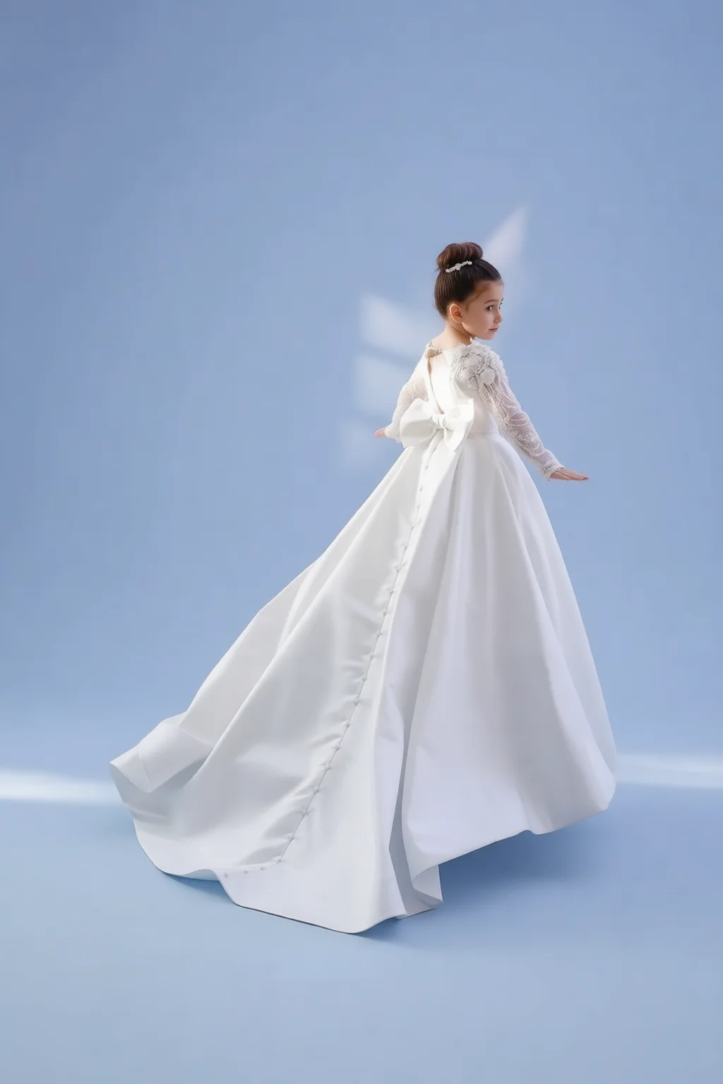Custom Satin Flower Girl Dress with 3D Flowers & Full Sleeves Elegant Princess Gown for WeddingFirst CommunionBirthdayParty Kids