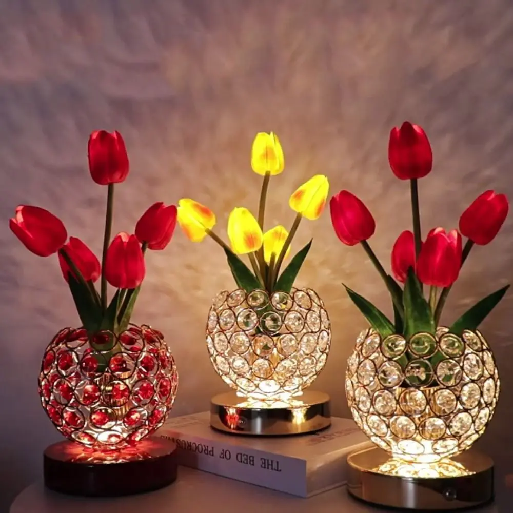

Romance 3 Color Tulip Crystal Flower Lamps USB Charge Infinitely Dimming Bedside Lamps Tulip Warm Light Flower Light Bedroom