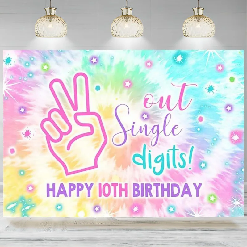 Girl Happy 10th Birthday Digits Backdrop Tie Dye Rainbow Photographic Background Decorations Banner Photo Props