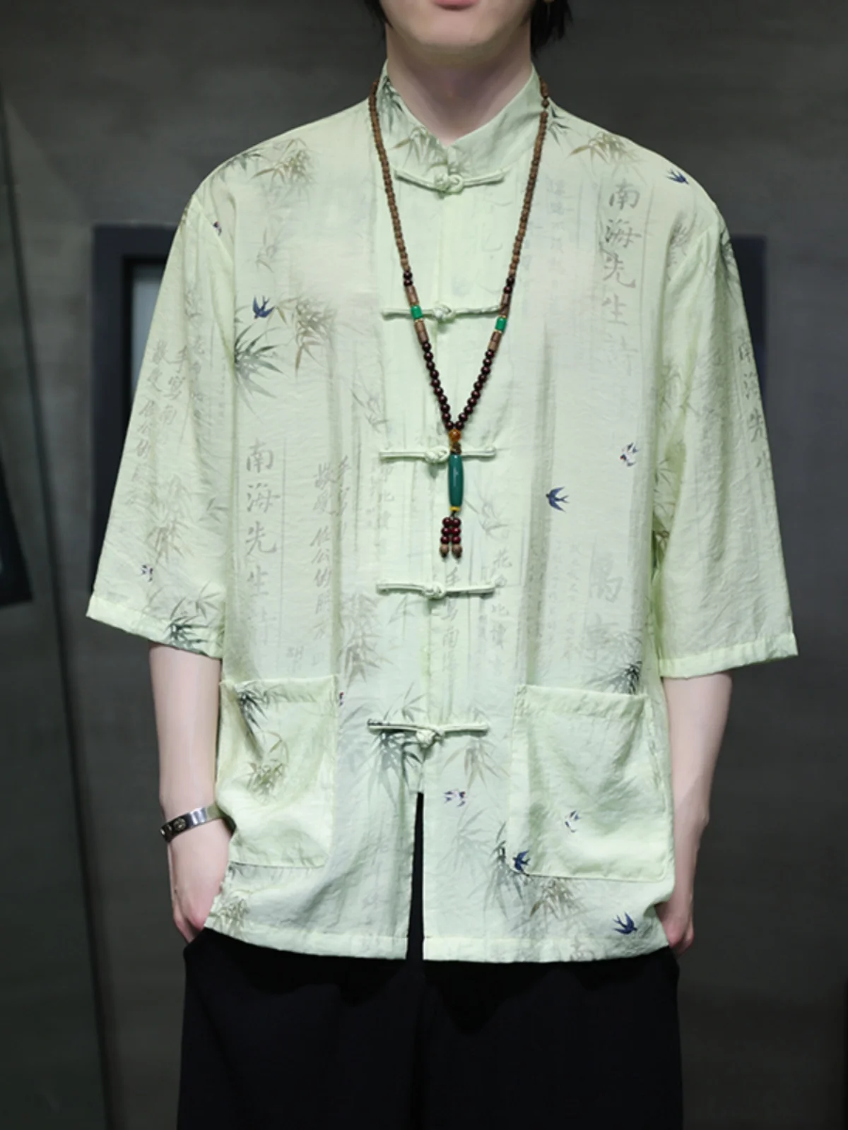 

Summer New Chinese Sle Ice Silk Improved Tang Costume Men's Retro Button Stand Collar ort Sve Printed irt M Top