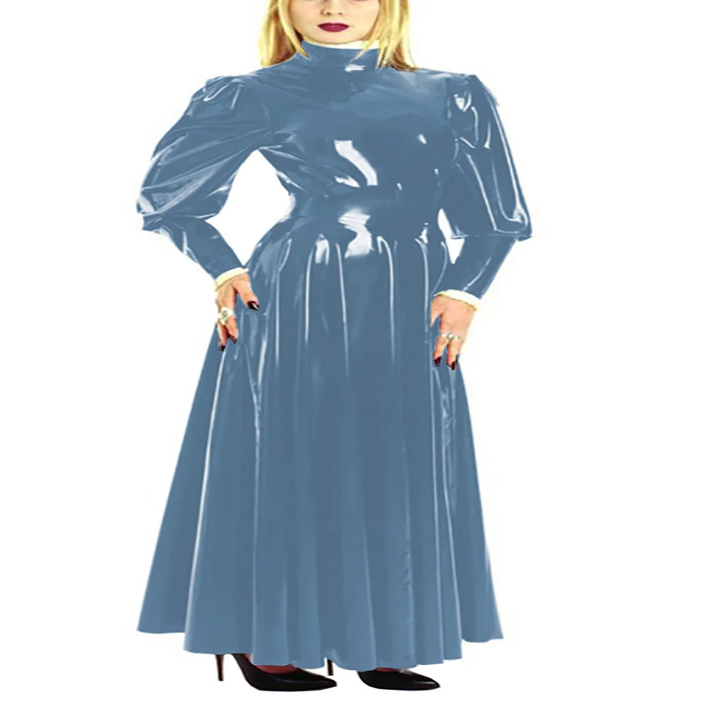 PVC Full Length Mistress Dress, Puff Long Sleeve Skater Dress, Patent Leather, Plus Size, Pleated Maxi, Night Wear, Fashion