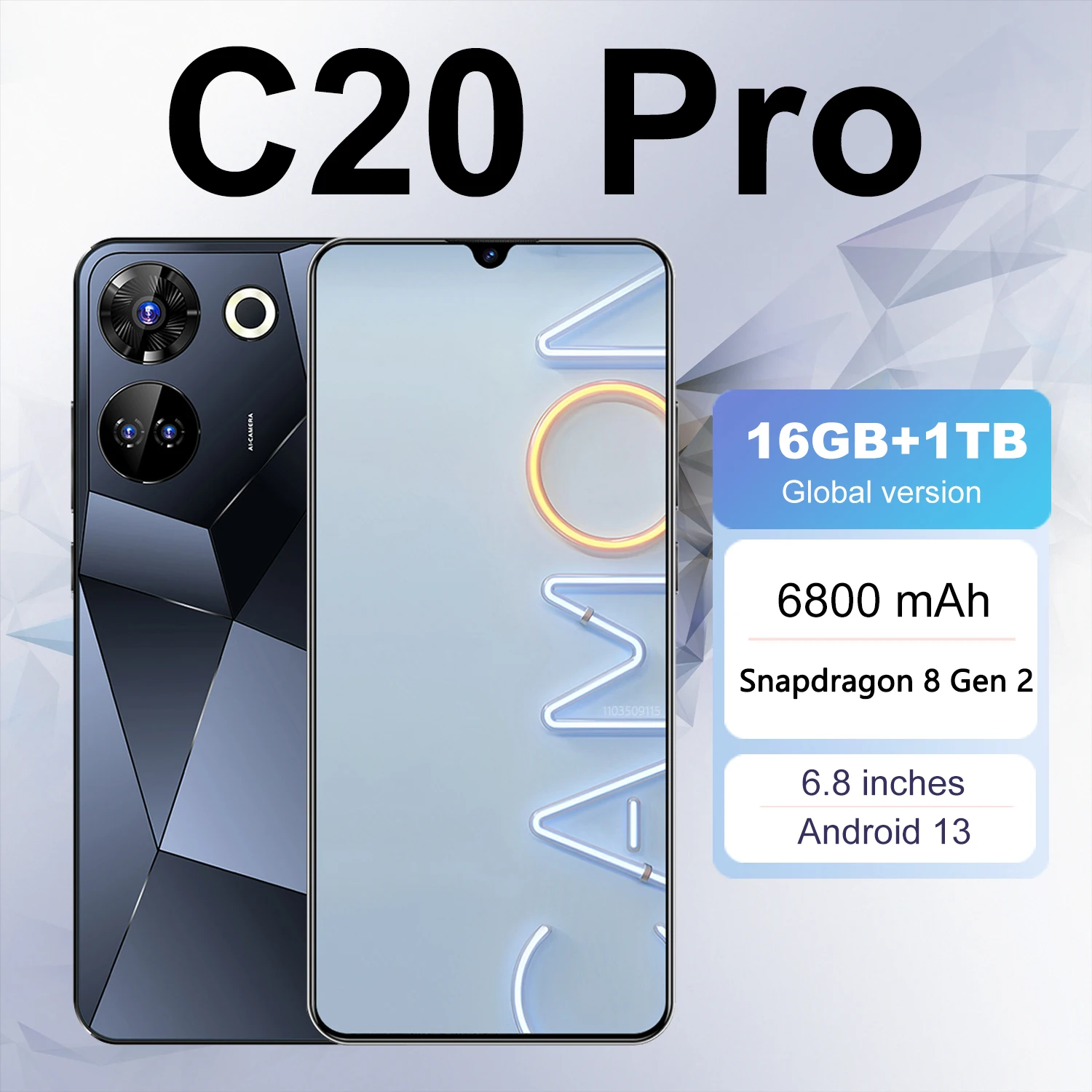 New C20 Pro Smartphone 6.8'' HD+ Android 13 16GB+1TB 8000mAh Global Edition 5G Gaming Phone Face unlock Fingerprint unlocking