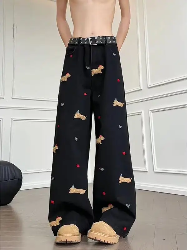 

American High Street Sle Men's Embroidered Sausage Dog Straight Leg Wide Leg Jeans Spring Autumn High Waist Long Pants