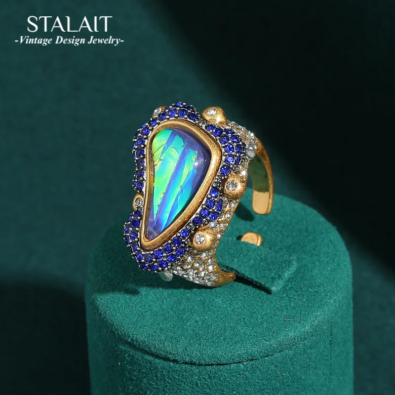 

Vintage Opal Ring Natural Stone Blue Rhinestone Woman Luxury Quality Jewelry Trends 2025 Triangular Feet Party Accessories
