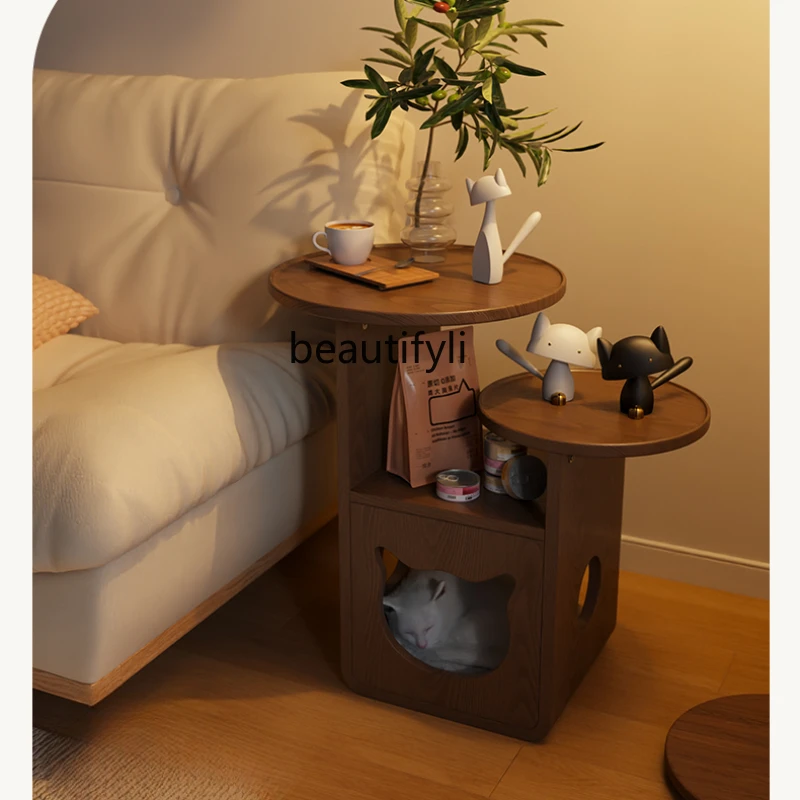 Modern Light Luxury Dongmu Solid Wood Cat Nest Small Table Mini Tea Table Sofa and Bedside Side Circle and Creative Corner Table