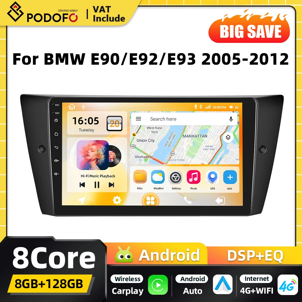 Podofo Qualcomm 8-Core Carplay 2DIN Android Autoradio Stereo für BMW E90 E92 E93 2005-2012 GPS Navigation DSP WIFI FM RDS DSP EQ