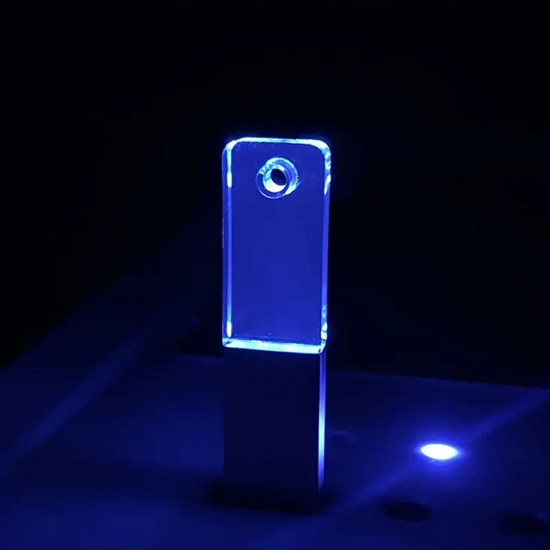 Unidad flash USB2.0 con luz LED de Color acrílico y Metal con logotipo grabado láser personalizado gratis, 4GB, 8GB, 16GB, 32GB, 64GB, 128GB