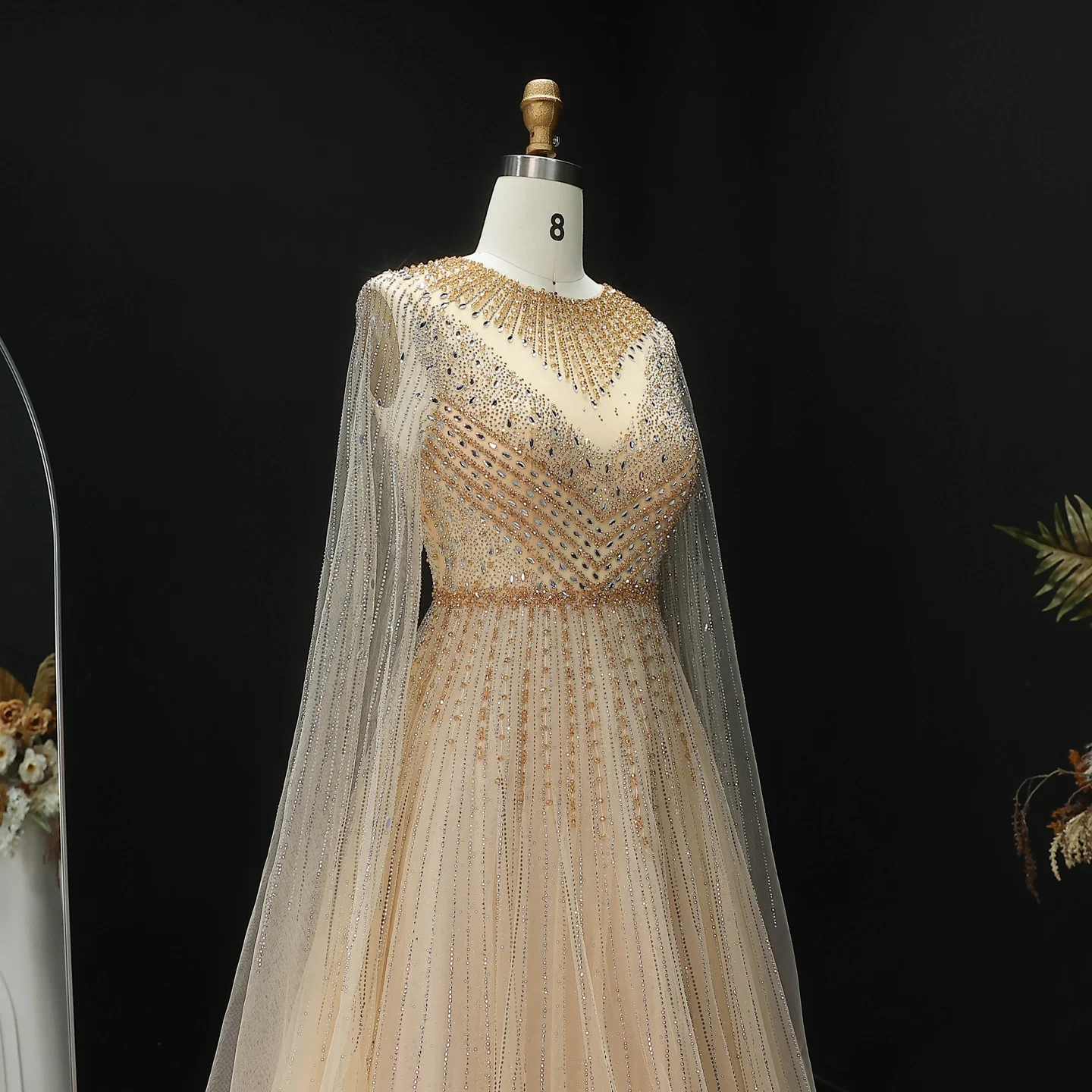 Sharon Said Luxuriöse Dubai Perlen-Kristall-Tüll-Abendkleider Elegante Cape-Ärmel Formelle Ballkleider SS054 Maßanfertigung – Detail 23