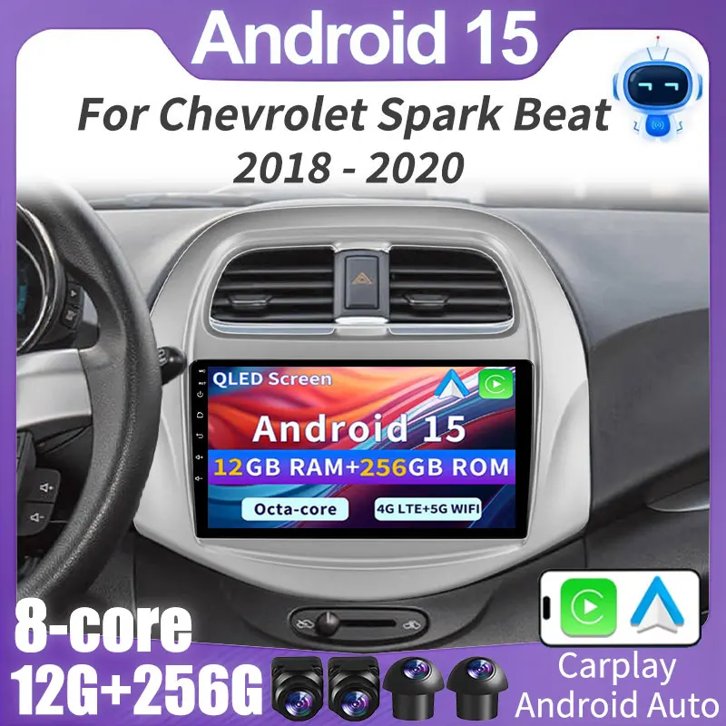 Radio para Auto Android 15 para Chevrolet Spark Beat 2018 2019 2020, Carplay Inalámbrico, Android Auto, Navegación, Reproductor Multimedia 4G