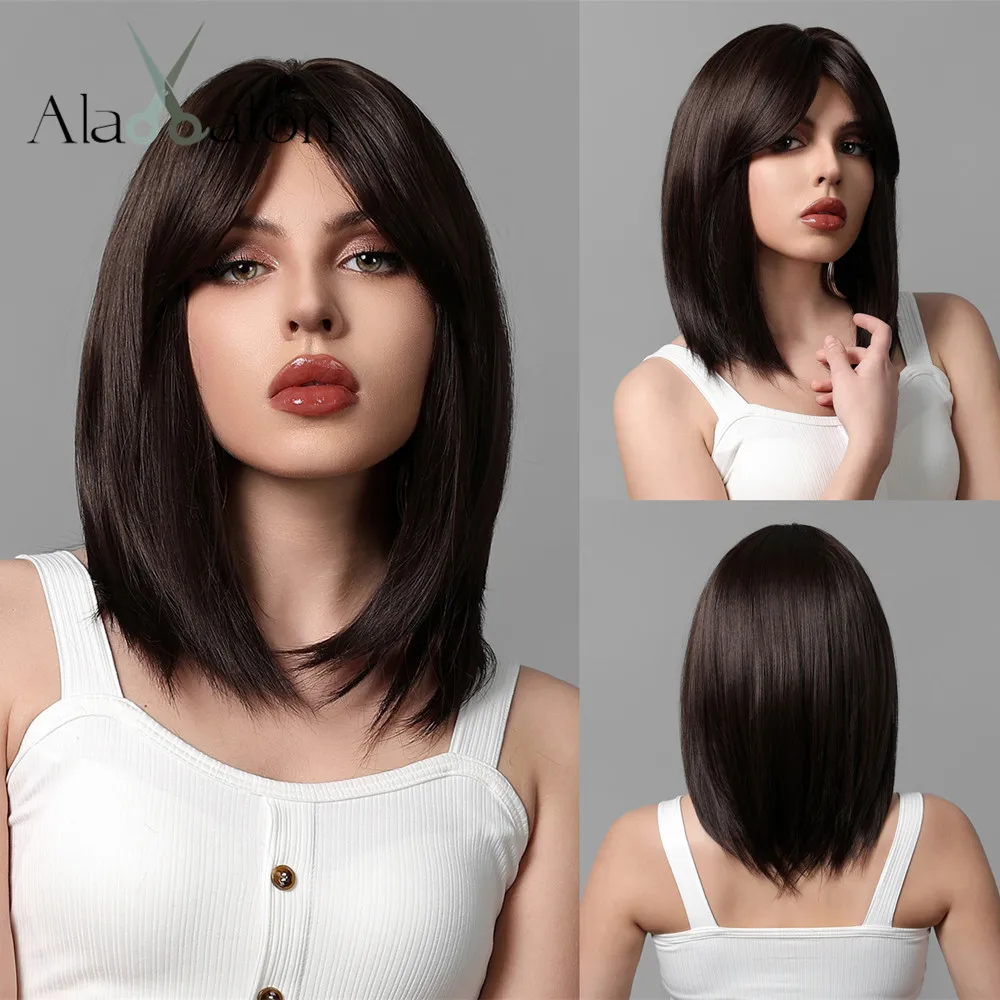 

ALAN EATON Dark Brown Hair Wigs with Bangs Shoulder Length Synthetic Wig Straight Natural Looking Wig for Daily Heat Resistant