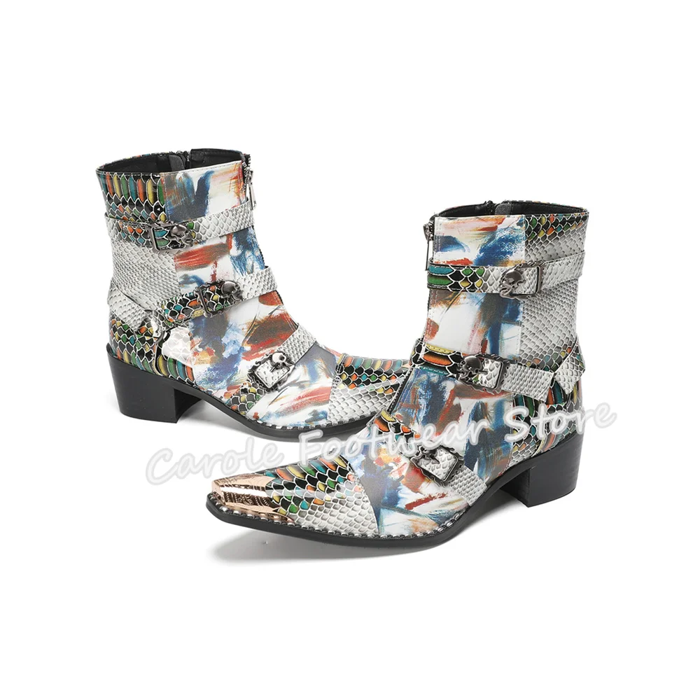 

Fashion Mixed Color Graffiti Prints Male Chelsea Boots Snakeskin Pattern Splicing Leather High Top Boots Men's Motorcycle Boots