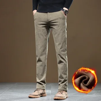 2025 New Winter Fleece Warm Corduroy Pants Men Business Fashion Slim Fit Stretch Thicken Gray Khaki Fluff Casual Trousers Male 3