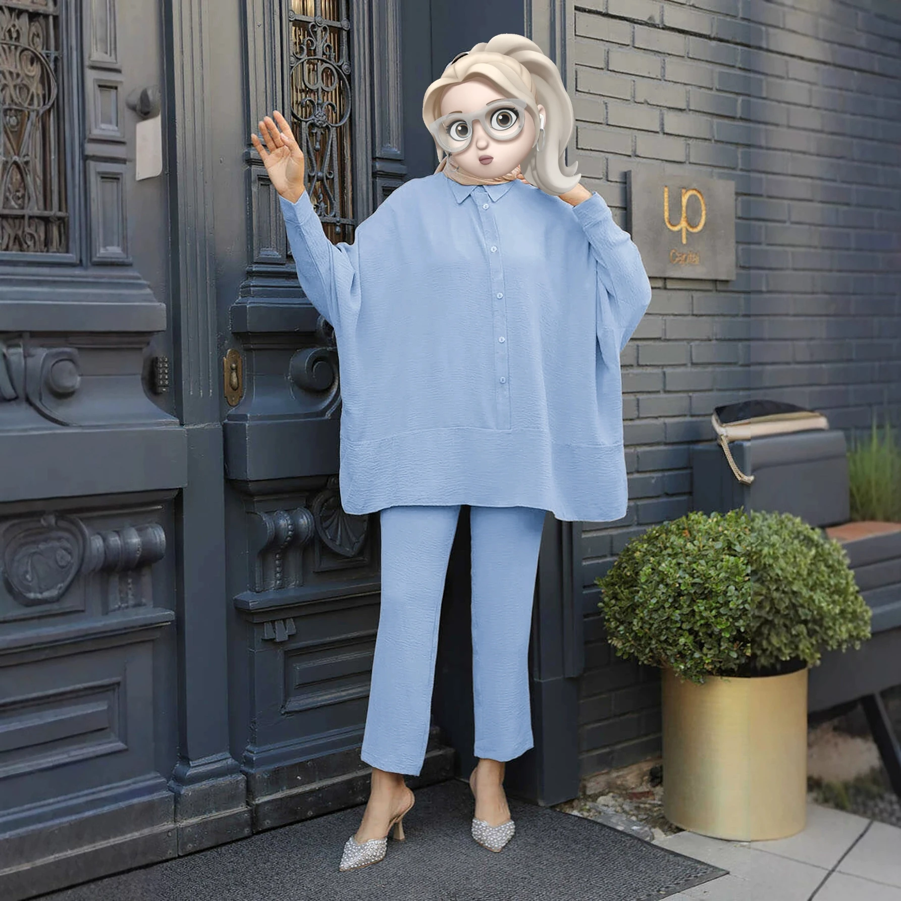 Comfortable Loose Middle East Sle Batwing Sve irt And Pants Set Long Sve Button up Faionable Women's Ensemble