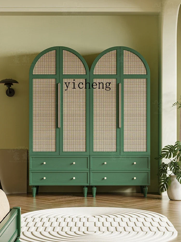 V21 Vintage Green Rattan Wardrobe Bedroom Arch Cabinet Double Door Hanging Wardrobe