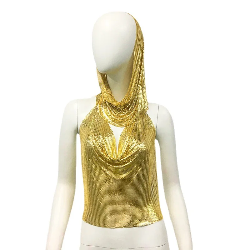 Chaleco de Metal con capucha personalizado para mujer, Top Sexy con tirantes, moda de verano 2024