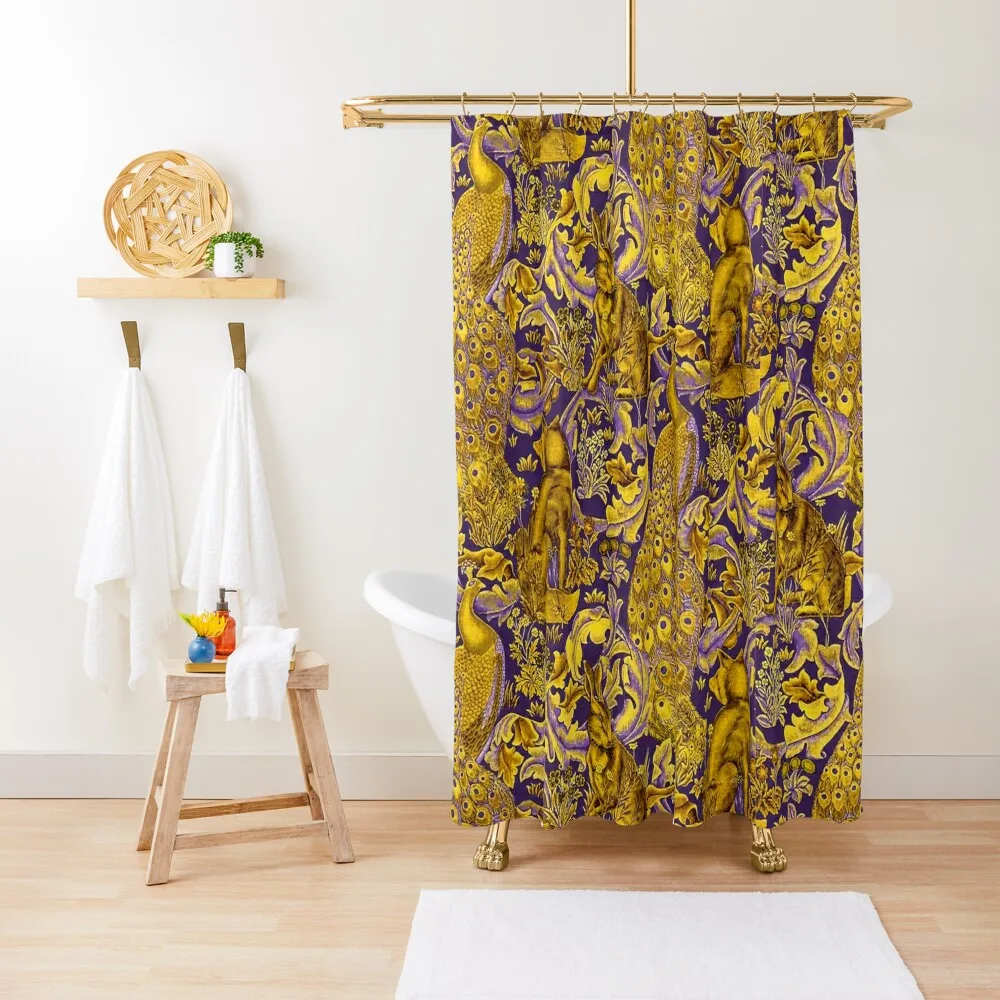 

FOREST ANIMALS ,PEACOCKS, FOX AND HARE GOLD YELLOW PURPLE LEAVES FLORAL PATTERN Shower Curtain For Bathroom Shower Curtain