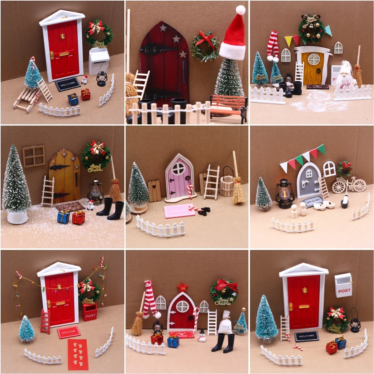 Doll House Elf Door Set Christmas Decor Fake Light String Hat Wreath Mini Tree Gift Boxes Fairy Toy House Miniature Scene Model