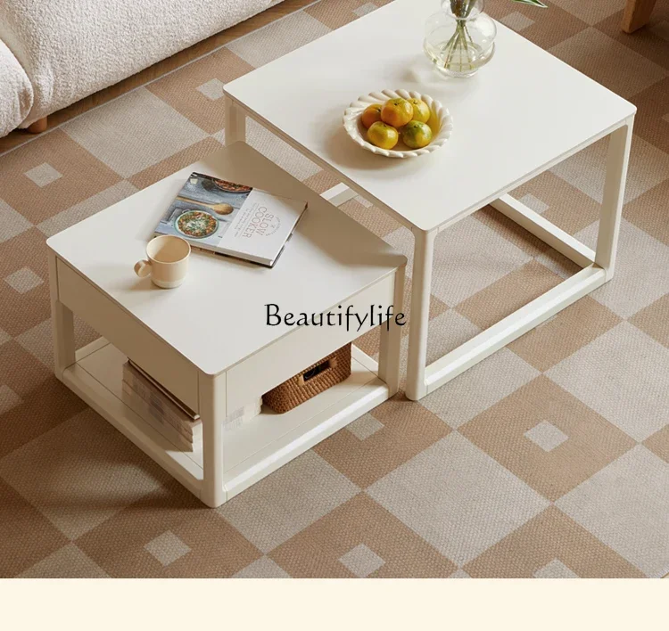 

LD6Solid Wood Tea Table Small Apartment Combination Sofa Side Table White Cream Style Stone Plate Tea Table