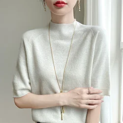 Spring Autumn Semi-High-Necked Wool Knit Bottoming Shirt Short-Sleeved Pullover Women Close Fit Comfort Solid Semi-Sleeve Tops