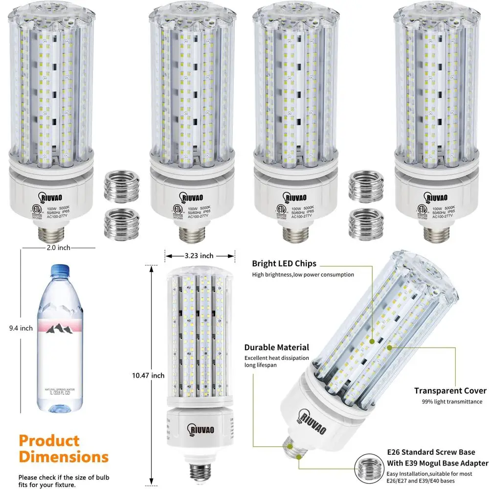 

Светодиодные лампы-кукуруза 100 Вт, цоколь E26/E39, 15000 люмен, 5000K дневной свет, эквивалент 1000 Вт люминесцентных/металлогалогенных ламп, водонепроницаемые для использования в помещении