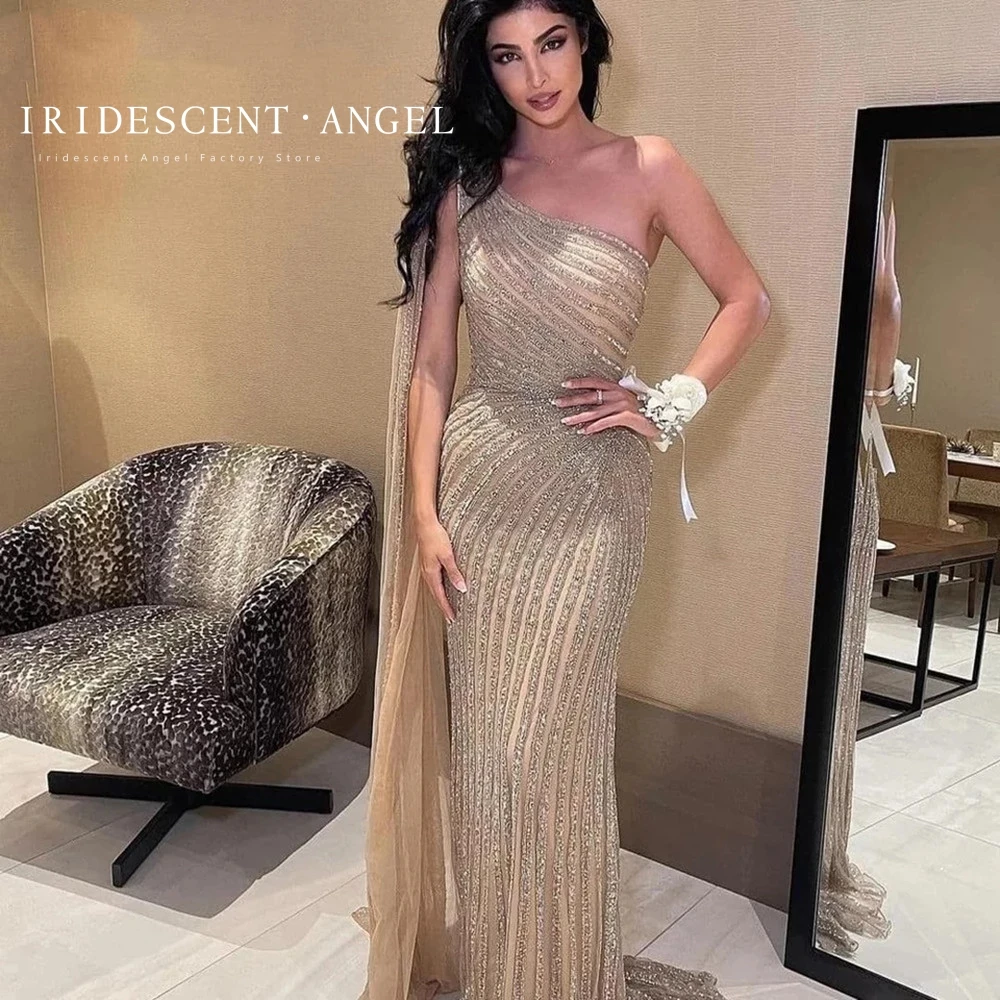 Vestido De Graduación De sirena brillante iridiscente, Vestido De una manga con cuentas De cristal completo en Dubai, Vestido De fiesta Sexy con cordones