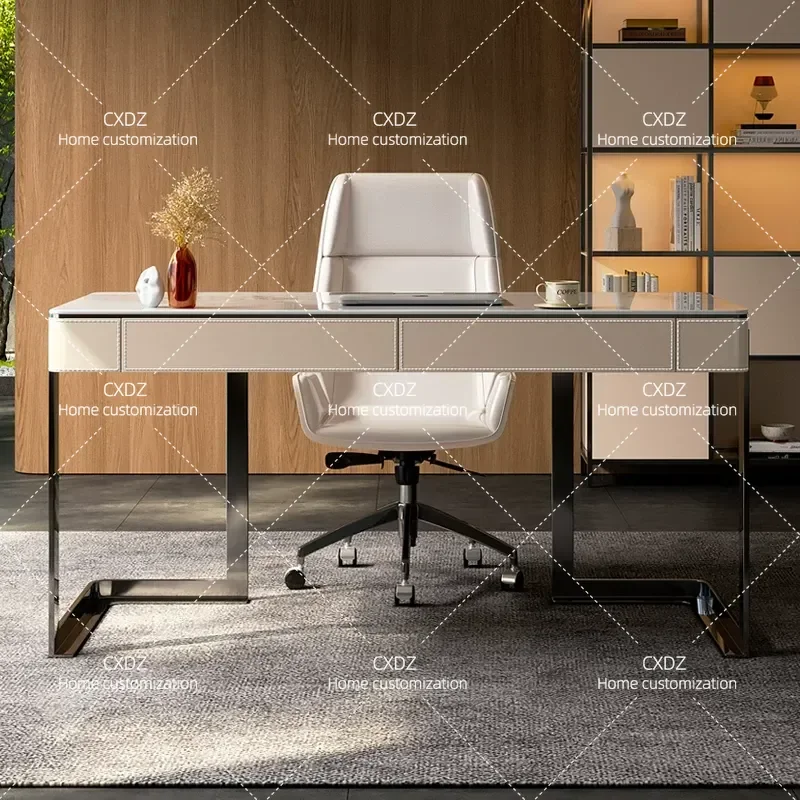 Minimalist Saddle Leather Desk Solid Wood Writing Table Light Luxury Computer Desk for Home Office Study