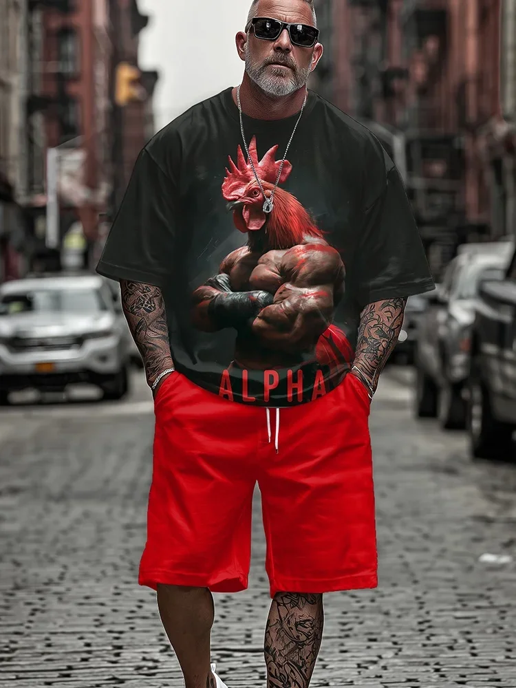Summer Plus Size Men's Streetwear 2 Piece Outfit Level Up Rooster Alpha Graphic Printed Short Sleeve T-Shirt and Shorts Sets view 5