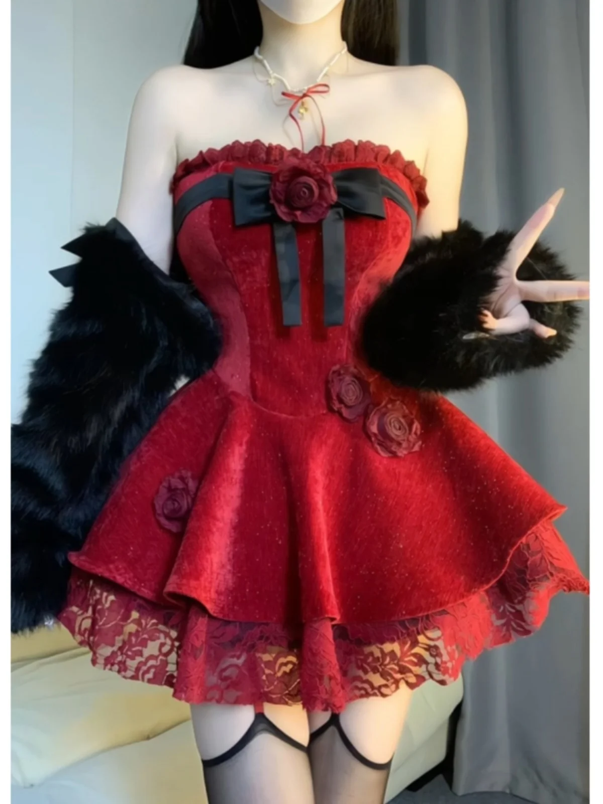 

Сладкий и пряный красный Cisas Aosphere Princ Sle с кружевной отделкой, бюстье, юбка, пальто, комплект из двух предметов, модный ансамбль