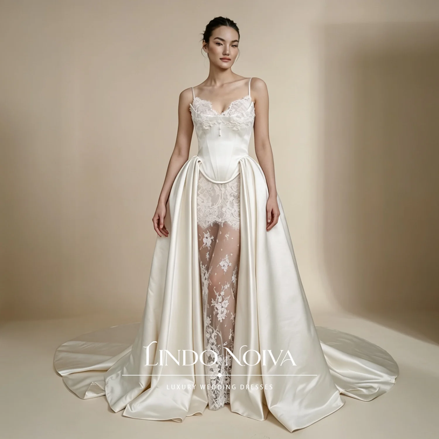LINDO NOIVA Couture Ivory Spaghetti Strap Satin Corset Estate Column Wedding Dress With Detachable Overskirt Vestidos De Novia