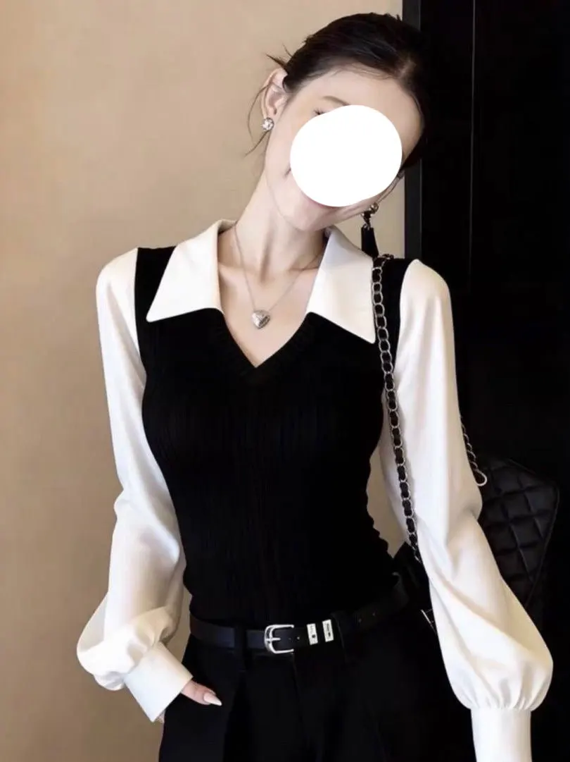 

Повседневная рубашка с контрастными вставками, простая черно-белая рубашка, модная маленькая рубашка для повседневной носки, из полиэфирного волокна