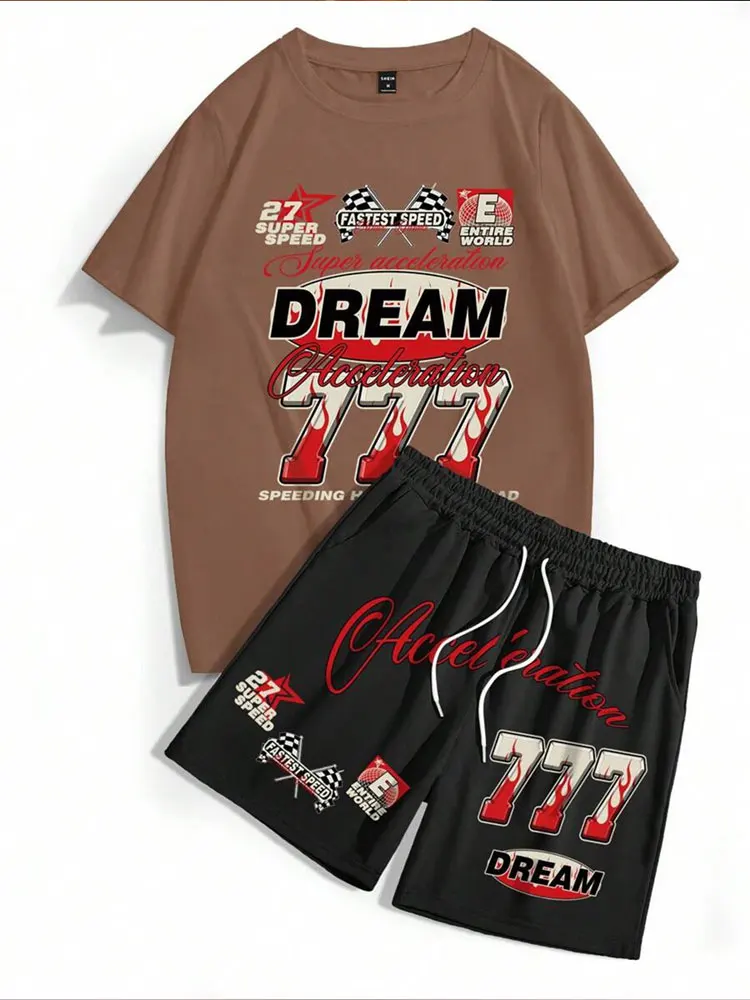 Camiseta masculina de verão, conjunto de manga curta pop ao ar livre Manitti, slogan lendário masculino, gráfico, t-shirt e shorts de cintura com cordão