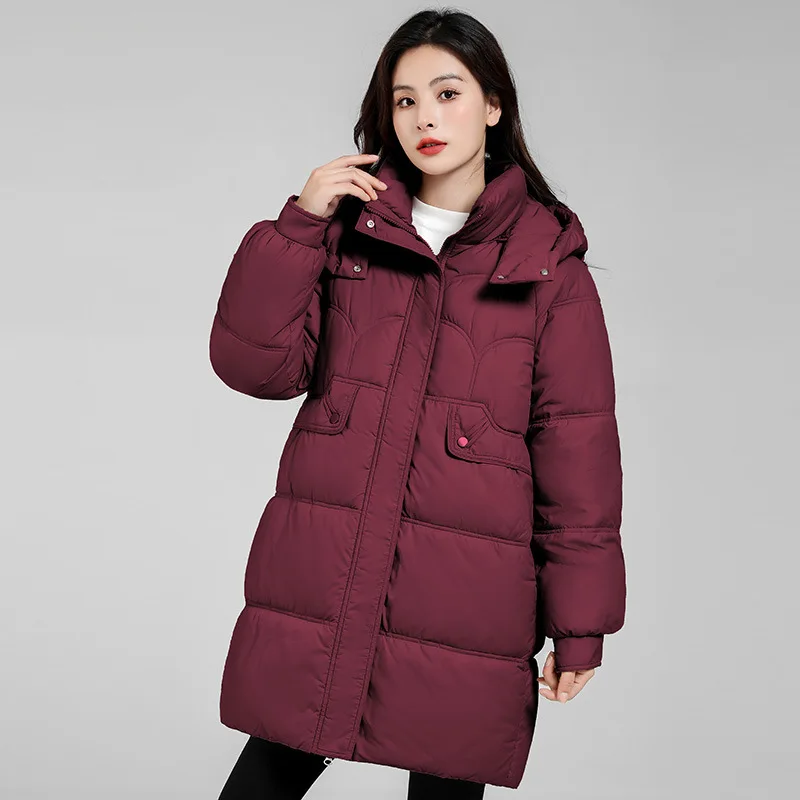 2025 nueva Chaqueta de algodón de invierno para mujer abrigo largo con capucha bolsillos grandes moda abrigo grueso cálido con cremallera abrigo de nieve para mujer Parkas