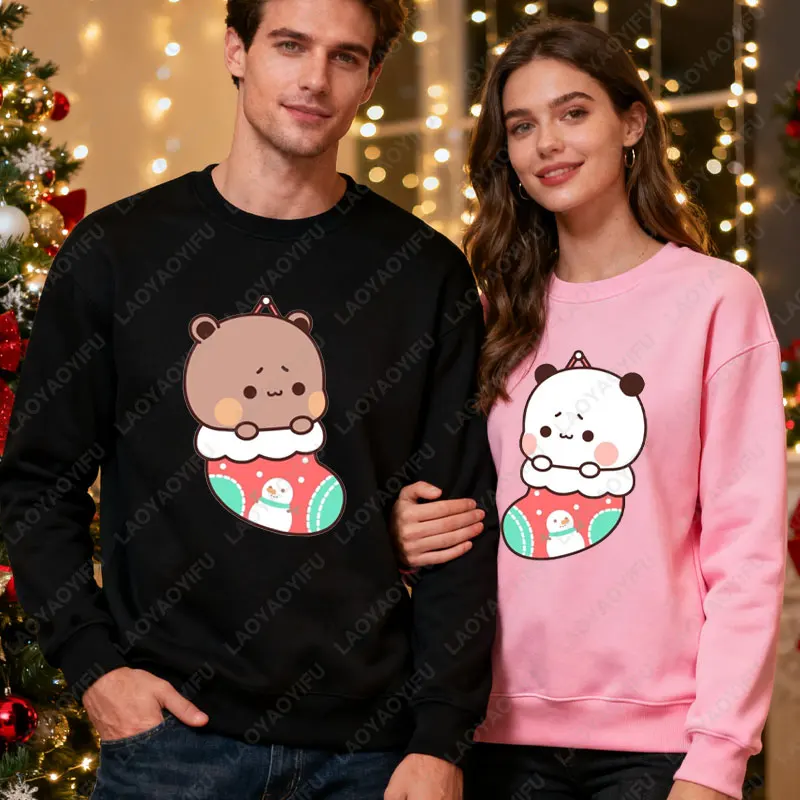 Divertente Bubu Dudu Felpa natalizia Orso Kawaii Coppia Vacanza Maglione Uomo Donna Moda Y2k Streetwear Vestiti per gli amanti di Natale