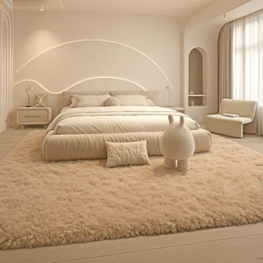 

Living Room 8x10 Area Rugs, Beige Plush Fluffy Bedroom Carpet, Non-Slip Thick Soft Indoor Rug, Modern -Friendly Home Decor Aest