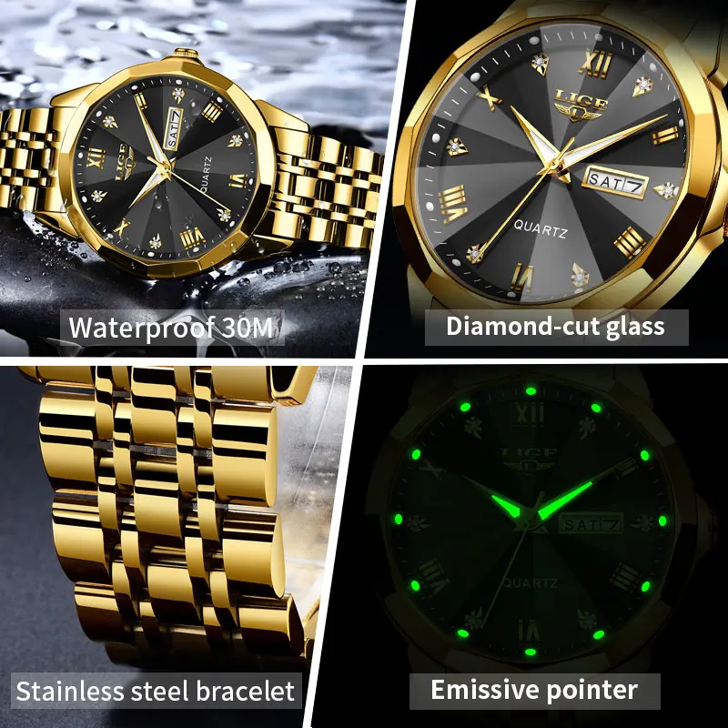 LIGE Creative Golden Stainless Steel Quartz Watches Women Fashion Waterproof Week Date Ladies Watch Simple Watch Gift For Women