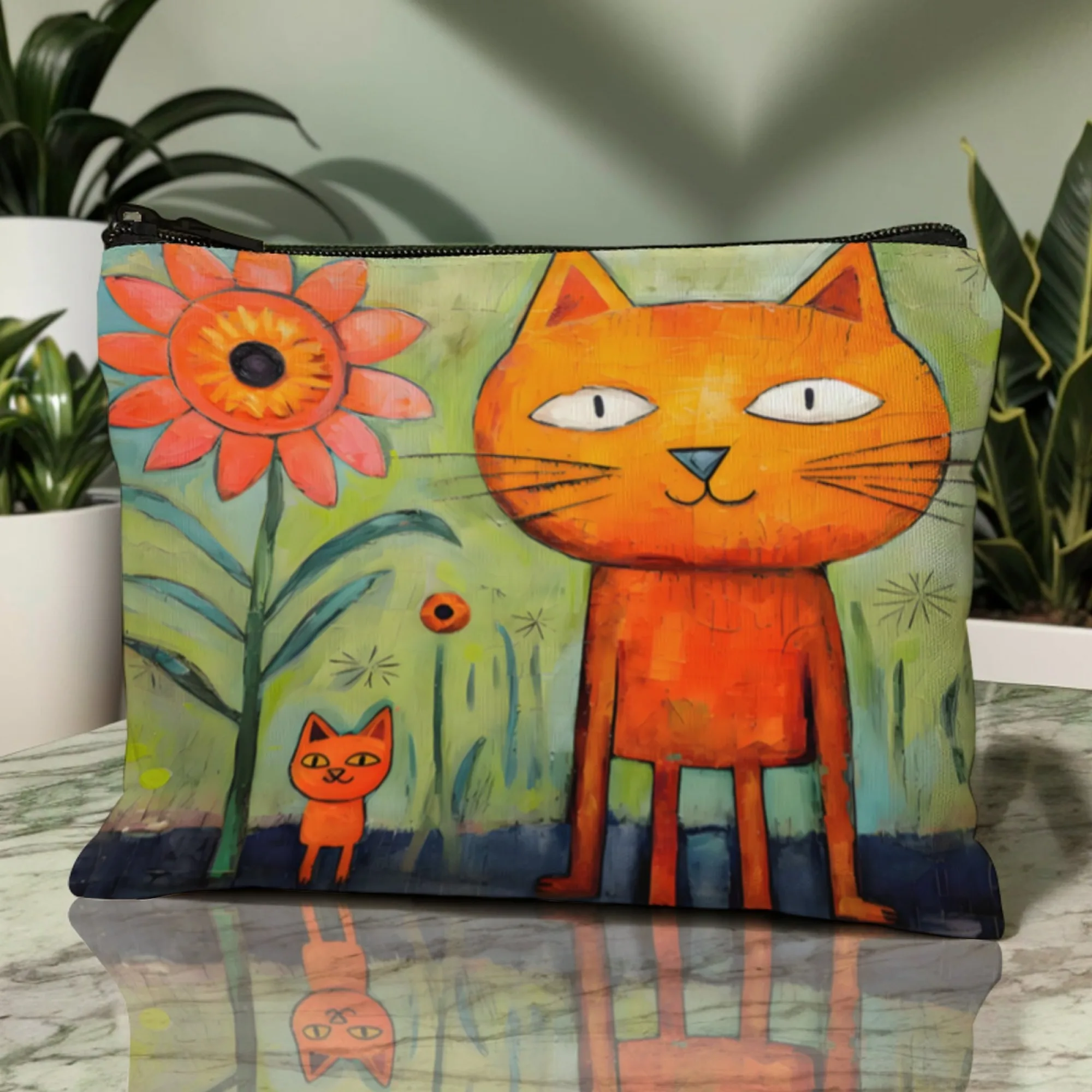 1 Stück Retro-Kosmetiktasche mit bezauberndem Blumen- und Katzenkunstdruck, faltbar, leicht, mit Reißverschluss, Make-up-Tasche für Frauen und Mädchen