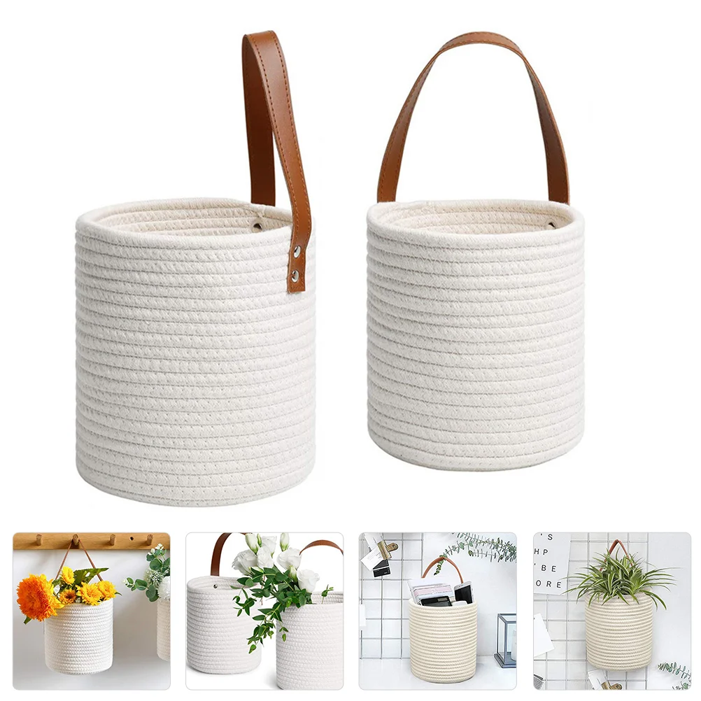 

2 Pcs Imitation Rattan Wall-Mounted Basket Cotton Planter Rope Hamper Woven Pot Hanging Decor Pots for Plants Hand Decorate