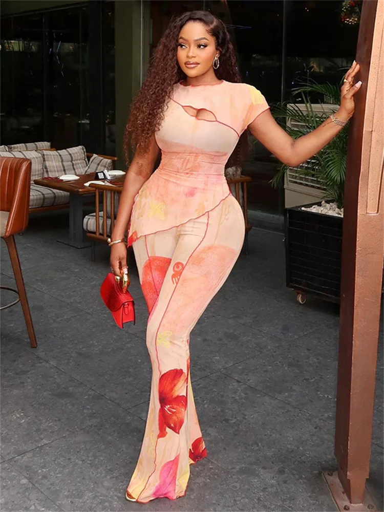 

Nibber Summer 2-Piece Set Women Floral Print O-Neck Irregular Hollow Ruffle Split Hem Top+Flare Pants Elegant Vacation Suits