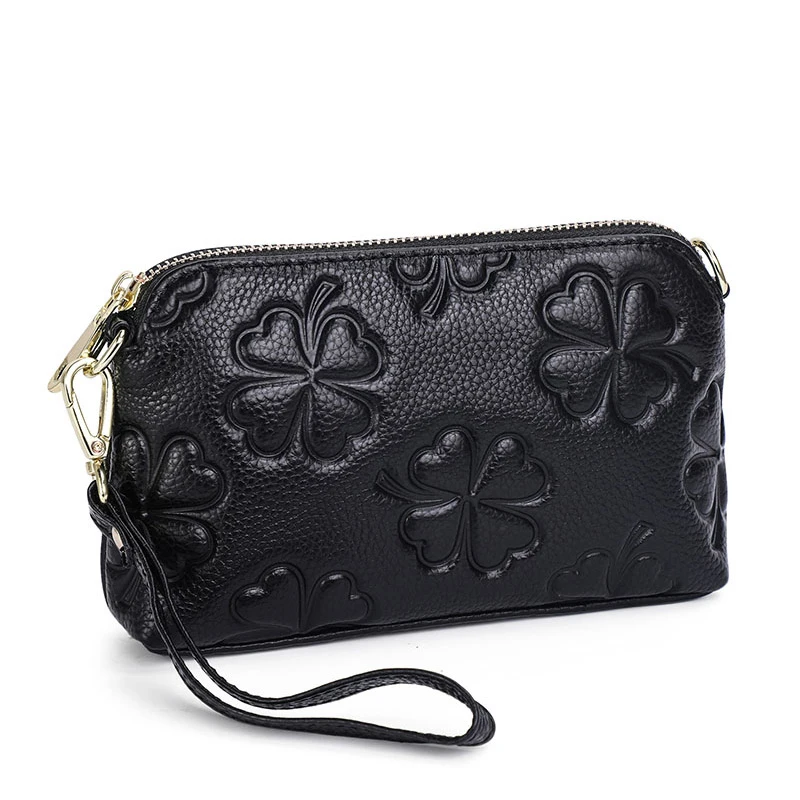 Aidrani  New floral pattern cowhide single shoulder crossbody bag, mini double zippered long money bag, black